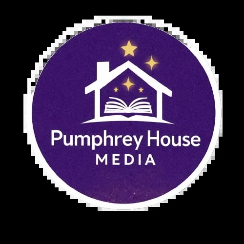 Pumphrey House Media logo with purple circular background, white house outline, open book, and gold stars