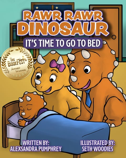 Book cover for Rawr Rawr Dinosaur: Its Time to Go to Bed, featuring an orange dinosaur family tucking a baby dinosaur into bed, with an award badge visible.