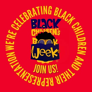 Black Childrens Book Week logo on red background with yellow circular text inviting people to join